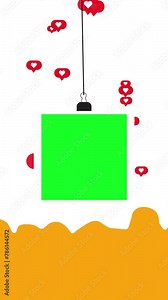 hanging green empty frame vertical video animation with falling heart icon on orange liquid isolated on white background