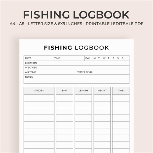 Fishing Logbook Printable | Editable Fishing Journal | Ai Eps Pdf Jpg | Angler Catch Log | Fishing Log Template A4 A5 6x9 - Etsy
