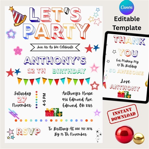 Colorful Kids Birthday Invitation, Editable Party Template (instant Download) - Etsy