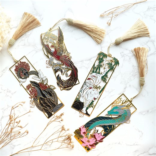 Metal Bookmarks: Chinese Mythology Four Guardians - Tiger, Turtle, Phoenix, Dragon - Etsy