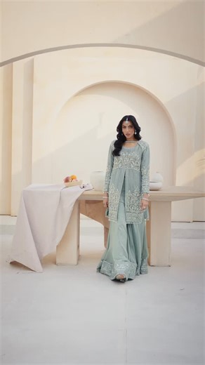 Shujat Ali on Instagram: "Experience timeless luxury with the Zariah Mint Blue Royale, a refined blend of traditional grace and modern elegance. This stunning ensemble features a heavily hand-embroidered Pure Tissue Zari jacket paired with flowing Chiffon palazzos for a structured yet fluid look. Perfectly crafted for weddings and festive soirées, it radiates sophistication in every detail. Product Details: Shirt: Pure Tissue Zari, Front-Open Jacket Style with Heavy Hand Embroidery (Dabka, Resha