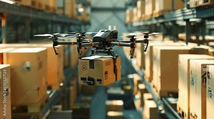 Drone is carrying a package in a modern warehouse, representing the future of logistics and delivery with innovative technology