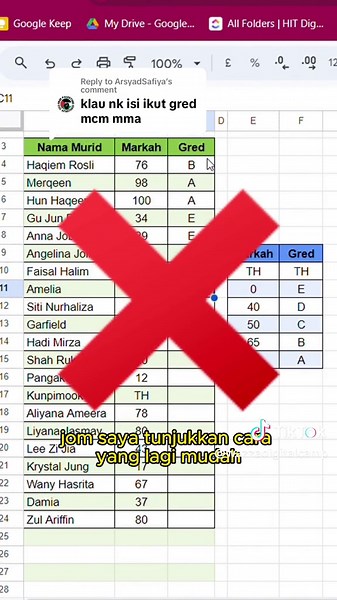 Cara Buat Gred Markah dalam Excel