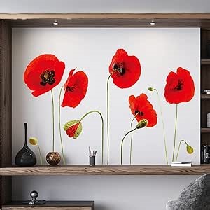 WALPLUS Spring Decoration Flower Vines Peel and Stick Wall Stickers Red Poppy Flowers Self Adhesive Removable Home Living Room Floral Wall Decor