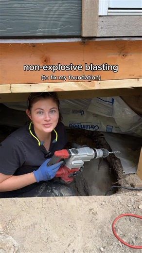 Madison Clysdale on Instagram: "Non-explosive demolition. Having the time of my life if you couldn’t tell. Our floors beams were 200% over capacity and needed a new support post. While digging we ran into huge boulders and to get the support forms deep enough we tried non explosive blasting. Dexpan is an expanding cement. Recommended to use 1 1/2” drill bit but our hammer drill struggles at that size. A 1” drill bit with holes closer together did the trick. #cabinbuild #homestead"