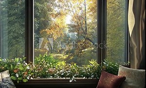 Cozy window seat with a book and pillows, overlooking a lush green forest.