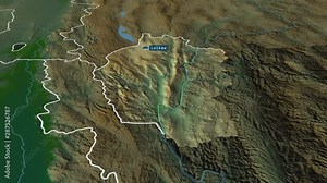 Kayah - state of Myanmar with its capital zoomed on the physical map of the globe. Animation 3D