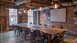 A rustic conference room featuring a long table, chairs, and a projector screen against exposed brick walls, A rustic conference room with exposed brick walls and industrial lighting fixtures Stock Video