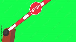 Prohibited Entry. Boom Barrier with STOP road sign closing and opening. Low angle view on the green Screen background.