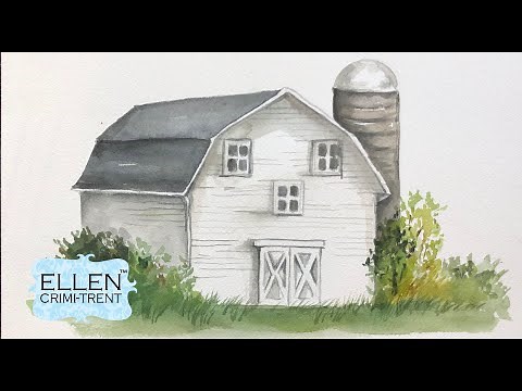 EASY White Barn Painting in Watercolor for Beginner Using only 1 brush!! step by step tutorial