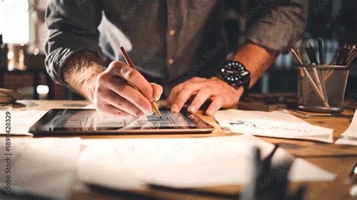 Ux designer drawing interface wireframes on tablet and paper during user experience design process in modern studio