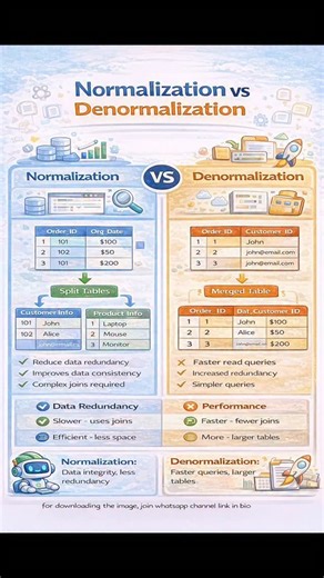 Subhodeep | Code on Instagram: "Normalization vs Denormalization 🗄️🔄 One reduces redundancy, the other improves performance 🚀 Understanding both is key to good database design ✨ Hashtags: #DatabaseDesign #Normalization #Denormalization #SQL #LearnToCode Keywords: [normalization vs denormalization, database normalization, database denormalization, sql database design, relational database concepts, data redundancy, database performance, programming fundamentals, coding basics, learn databases]"