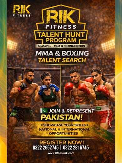 Rameez Ibrahim Khan on Instagram: "RIK TALENT HUNT PROGRAM Season 1 🥊 MMA FIGHT & BOXING TALENT SEARCH For MMA Fighters • Boxers • Male & Female Athletes Pakistan is full of fighters. Raw power, discipline, courage, and heart exist in every street, gym, and training ground. RIK FITNESS is bringing that power to the spotlight. The RIK Talent Hunt Program is a national initiative created to identify real fighters, sharpen their potential, and connect them with professional combat sports pathways