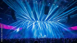 A spectacular evening concert featuring a stunning light show captivates an enthusiastic crowd. The audience, diverse in age, gender, and ethnicity, enjoys the vibrant atmosphere, immersed in the