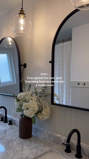 Our bathroom renovation is 95% done!! 🫶 One year after embarking on our diy bathroom renovation, we are SO excited with how this space has turned out. All that’s left to do is some minor finishes like touching up the ceiling paint, which got a little banged up while installing our light fixtures, and installing outlet box extenders in the places where we installed beadboard panels. Our goal is to finish the final 5% of work in this room by the time September rolls around. Next project on the li