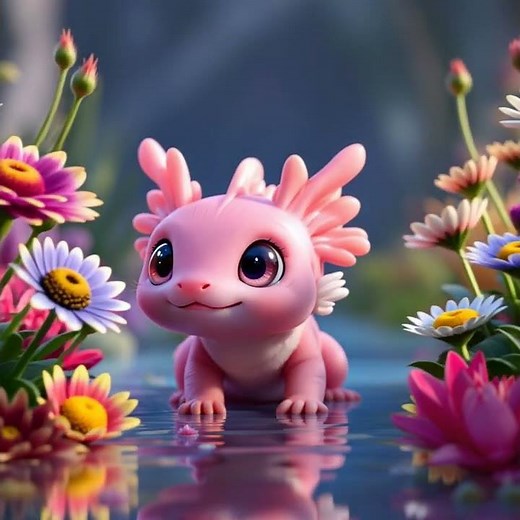 Cute Baby Axolotl Playing in the Pond video 2025 smelling flowers