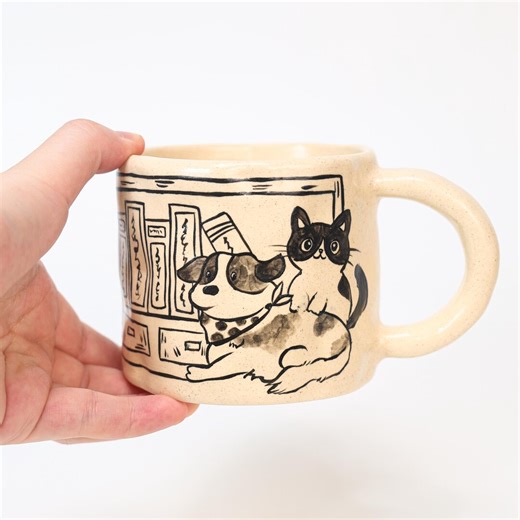 Cute Dog Cat Mug Handmade Ceramic Coffee Cup Illustrated Bookshelf Scene Line Art Animal Lover Gift Cottagecore Kitchen Decor Pet Owner - Etsy