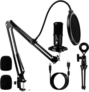USB Microphone, PC Condenser Microphones Kit with Stand and Mic Filter, Natural Noise Reduction, Cardioid Pointing, Computer Microphones with Boom Arm, for Gaming, Streaming, Podcasts, Recording