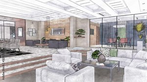 Drawn living room interior 3d illustration stylized as a drawing with colored pencils. Luxury living room in a modern style