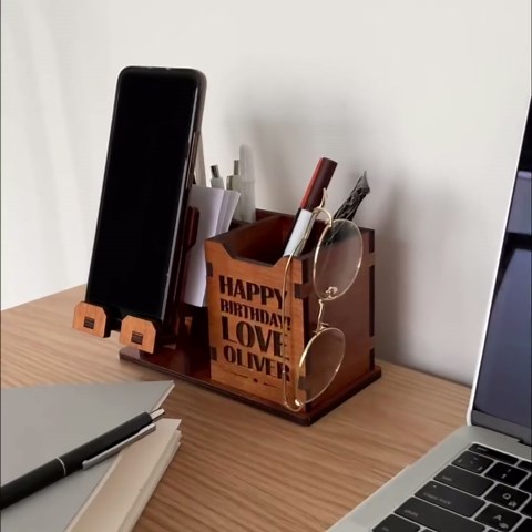Personalized Wooden Pen Holder for Desk with Cell Phone Holder Wood Desk Organizer Pencil Holder Coworker Gifts Boss Leader Colleague Friends Office Organization Employee Appreciation Gifts