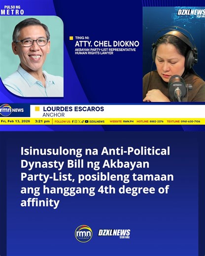 #PulsoNgMetro: Malawak ang sakop ng Anti-Political Dynasty Bill na isinusulong ng Akbayan Party-List dahil nais nilang matigil na ang political dynasty sa bansa. Sa panayam ng DZXL News RMN Manila, pahayag ni Akbayan Party-List Representative Atty. Chel Diokno na ang kanilang panukala ay pwedeng tamaan ang hanggang sa 4th degree of affinity. Pati aniya first cousin o anak ng mga kapatid ng magulang ng tumatakbo ay kasama sa hindi pwedeng umupo ng magkakasabay o magkasunod-sunod. Maging ang mga p