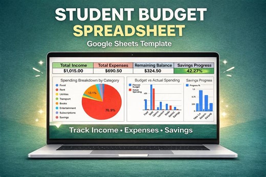 Student Budget Spreadsheet Google Sheets | College Budget Planner | Expense Tracker | Monthly Budget Template | Personal Finance Tracker
