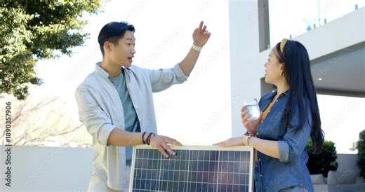 Diverse couple holding solar panel on porch, man pointing adjusting toward sunlight woman with jar