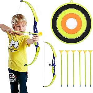 Archery Set Kids Green Bow and Arrow Play Toy, Outdoor Hunting Game with 6 Suction Cup Arrows, Target for Boys and Girls