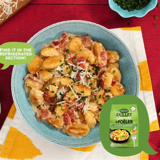 Made with Olivieri Classic Skillet Gnocchi, crispy bacon, and creamy alfredo sauce, our Skillet Gnocchi Carbonara recipe is satisfying for kids and adults alike! | Olivieri | Facebook