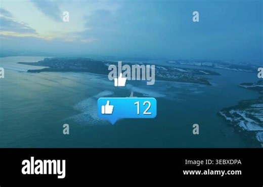 Blue like counter appearing, counting up as white thumbs popping and floating, showing rising likes. Ui, engagement, analytics, aerial, coastal, islands, ocean Stock Video Footage - Alamy