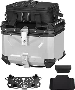 Motorcycle Top Case Set，Including Tail Box、Base Bracket、Backrest、Bag，Waterproof Aluminum Handle Motorcycle Helmet Case,Tail Box with Security Lock (Silver, 36L)
