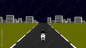 Animated video of old racing motorcycle game in 16bit style at night, arcade, pixel art, 2d.