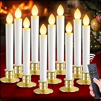 OCATO Christmas Window Candles Lights: 10 Pack Flameless Candles Christmas Decorations Taper LED Battery Operated Candles with Remote Control Timer Gold Candle Holders for Window Decor Party Table Top