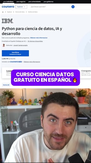Arturo Lorenzo | Programación y Data Science on Instagram: "Las grandes empresas tecnológicas apuestan por el conocimiento gratuito y tienes que aprovecharlo! 🧠 IBM ha sacado este curso de ciencia de datos totalmente GRATIS. Son 20 horas de contenido dividido en 5 bloques donde aprenderás: ✅ Fundamentos de Python ✅ Análisis de datos con Pandas y Numpy ✅ Manejo de APIs y Web Scraping #python #datascience #dataanalytics #dataanalyst"