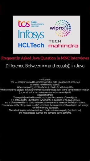 #JavaInterview #CoreJava #JavaInterviewQuestions #EqualsVsEquals #JavaForFreshers #MNCInterview