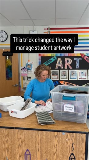 Managing the Mess- Elementary Art Teacher on Instagram: "A little work up front = way less chaos later 🙌 I pre-print student name labels for the quarter and stick them on artwork as we go. No more no-name papers, smoother grading, and passing work back is so much easier the next class. Comment LABELS if you want my editable label template 💗 #artteacherlife #artroomorganization #teacherhacks #artroommanagement #artteachersofinstagram"