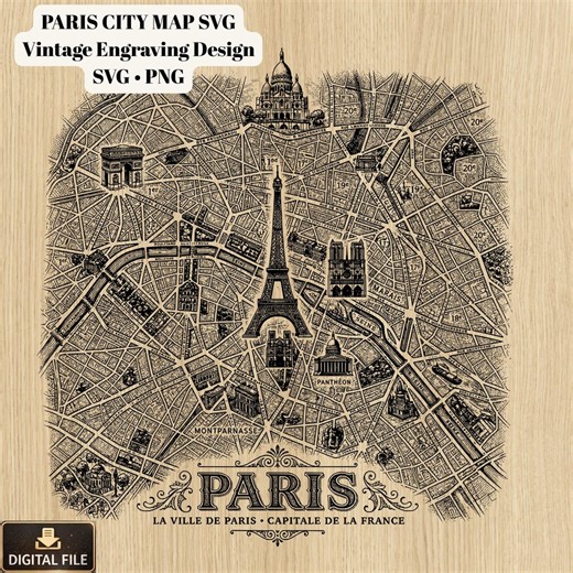 Paris City Map SVG PNG, Vintage Map Engraving Design, Laser Cut File, CNC Engraving, Paris Map Wall Art, Printable City Map Decor - Etsy