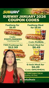 🚨 SUBWAY DEAL ALERT 🚨 January 2026 Subway coupon codes are LIVE 🥪🔥 Footlongs starting at $6.99 meal deals too! Use the Subway app before they expire ⏰ #subway | Jamie’s Daily Deals