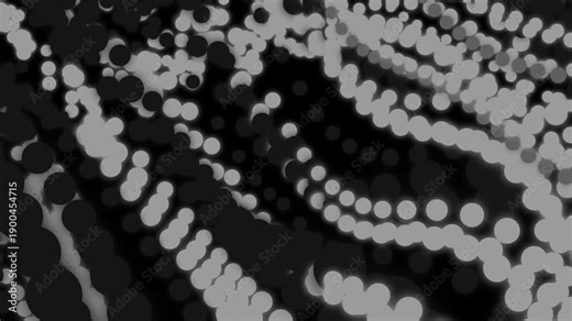 Dynamic abstract background featuring waves of pulsating and moving gray and white circles on a black screen. This technological particle motion animation suggests digital data flow science or others