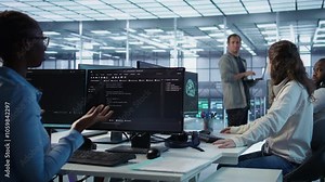 Angry woman getting computer crash while trying to fix error in high tech data center. Furious employee in server farm struggling to repair bugs in mainframes, arguing with colleagues, camera B Stock Video