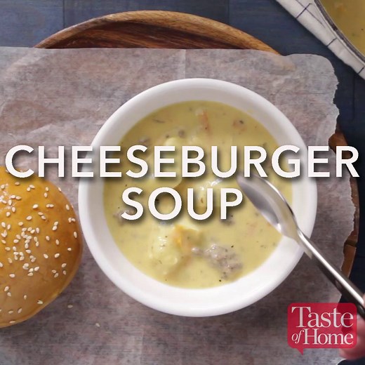 Toss some ground beef into a cheesy potato soup for a scrumptious contest-winning version of everyone's favorite burger. FULL RECIPE for Cheeseburger Soup: http://spr.ly/61838DMUf | Taste of Home