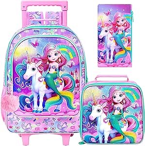 gxtvo Girls Rolling Backpack, Cute Mermaid Roller Wheels Kids Bookbag - Wheeled Elementary School Bag - 3PCS Mermaid