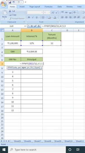 Calculate EMI Principal Using PPMT in Excel | Loan Formula Trick #excel #exceltipsandtricks