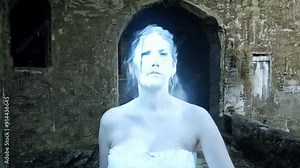 Ghostly light apparitions of women with a very serious and frightening expression in their eyes float through an old building.