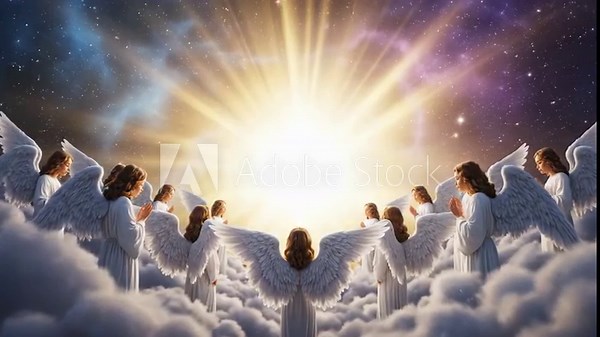 Angels Worshiping in Heaven - A breathtaking animation depicts numerous angels with large white wings raising their arms in worship before a radiant, heavenly light.
