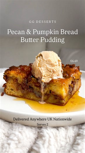 2.5K views | My New Pecan Pumpkin Bread and Butter Pudding is here! Buttery brioche cubes, soaked in a luscious pumpkin custard infused with sweet winter spices. Plenty of handfuls of caramelised pecans add the perfect crunch and a hint of golden sweetness! It is a perfect winter treat! Find on website in my bio! Shipped UK Nationwide! #pecanbreadpudding #breadpudding #breadandbutterpudding #breadandbutterpud #pecanpudding | GG Desserts | Facebook