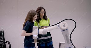 Two female technicians collaborating in robotics lab by demonstrating robotic arm programming and control during factory automation workshop focused on industry40 and smart engineering education
