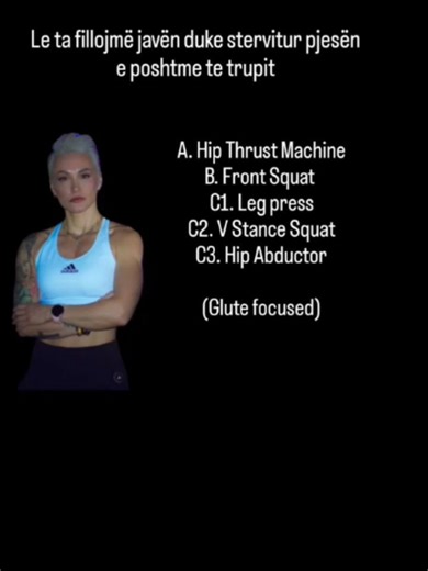 Elvana Ligu on Instagram: "Dita e këmbëve, fillohet java me energji. Squat, press, thrust — mënyra më e mirë për glutes & quads të fortë. ➡️ Swipe për ushtrimet që nuk duhet t’i humbisni: Hip Thrust Machine | Front Squat | Leg Press | V Stance Squat | Hip Abductor 💪 Këshillë: Çdo përsëritje ka rëndësi! #elfitnessandnutrition #hipthrust #squat #legpress #workout"