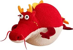 ELAINREN Red Round Dragon Plush Pillow Chubby Chinese Dragon Stuffed Toy Cuddly Ball Shape Dragon Lion Plushie Gifts for New Year/23.6''