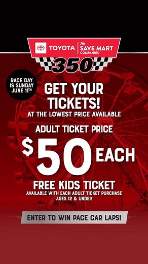 The countdown begins for the thrilling Toyota/Save Mart 350! 🚗💨 T-minus 10 more days. Grab your tickets for just $50 per adult (kids get in for free!) at any Save Mart store and enter for a chance to ride in the pace car! 🤩 Don’t wait, hit the gas and head to your nearest Save Mart for a great deal on tickets or head to this link to win a chance to ride in a pace car in our bio☝🏼 | Save Mart
